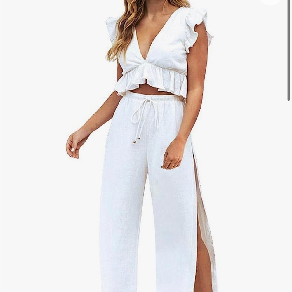 2 Piece Deep V Crop Top Side Slit Drawstring Wide Leg Pants Set